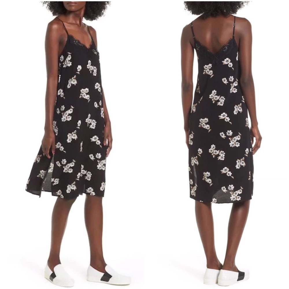 BP. Black White Floral Print Lace Trim Slip Dress